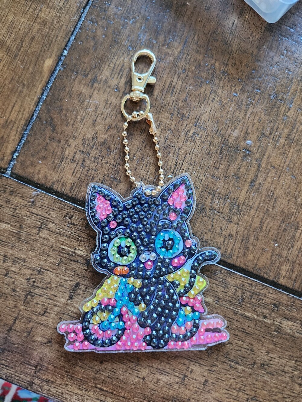 Black Cat Keychain Charm with Multicolor Crystal Accents